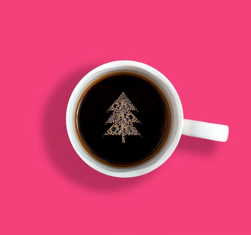 A top view of a coffee cup with a bubbly Christmas tree on it  on a pink background