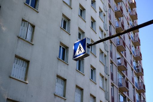 A high-resolution picture of a crosswalk sign in front of a building