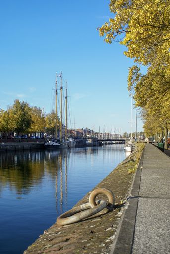 A vertical shot of the historical Dutch harbor town Hellevoetsluis