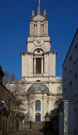 St Anne's Passage, Limehouse, London E14, United Kingdom (in the East End), looking towards St Anne's Church, designed by famous architect Hawksmoor.