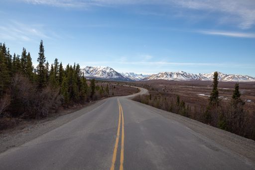 A beautiful view of an empty road in Denali National Park, Alaska with snowy mountains and trees