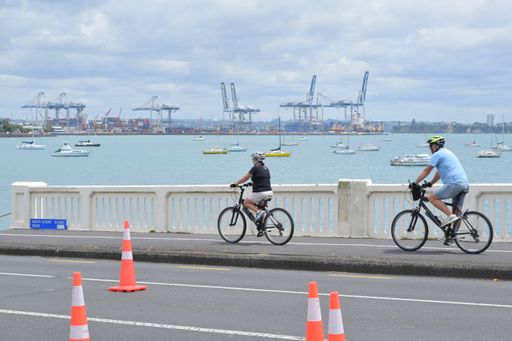 View of man and woman cyclists on Tamaki Drive Cycle Route with Ports of Auckland cranes in background