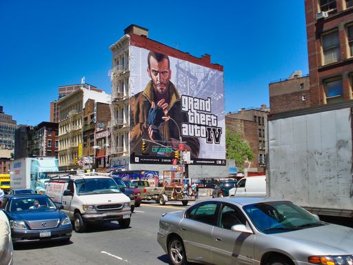 New York, United States, May 2008: Grand Theft Auto or GTA painted mural billboard in the busy streets of the city