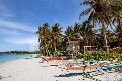 A scenic view of boats on a sandy beach surrounded by beautiful palm trees in Maldives