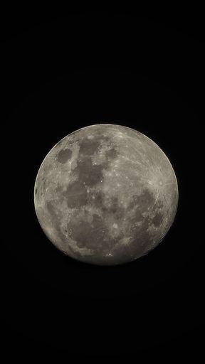 A vertical shot of the full moon isolated on a black background.
