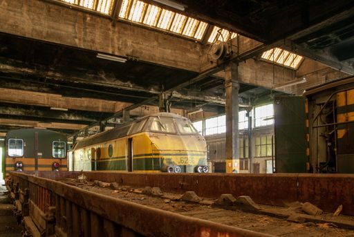 An interior shot of an old abandoned warehouse with old trains inside