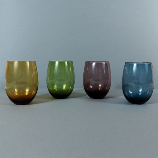 A vertical shot of yellow, green, purple, and blue glasses isolated on a gray background