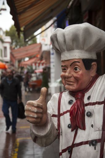 Cute fibreglass statue of a cook at street making thumbs up and winking at Istanbul, Kadikoy.
