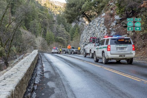 A car accident and traffic on a highway near Yosemite National Park in California, USA