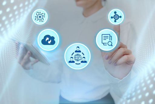 Lady In Uniform Side Standing Holding Tablet And Pressing On Virtual Button. Business Woman Carrying Pad Tapping Switch Showing Technologies.