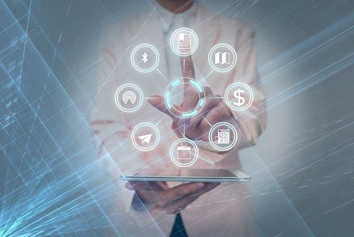Lady In Uniform Side Standing Holding Tablet In Hand Virtually Toching On Screen. Bussiness Woman Carrying Tab Writing New Futuristic Technologies.