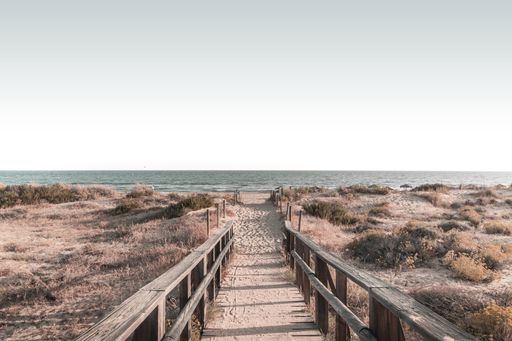 Wooden plank path in Punta Umbria. It crosses a pine forest and ends at the beach.