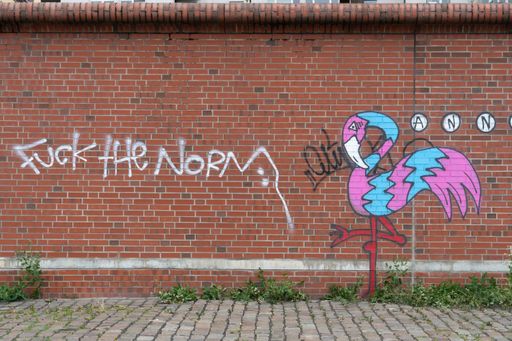 Grafitti on a wall next to a flamingo