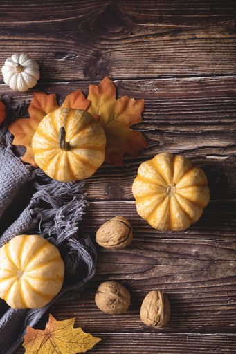 A top view of fresh pumpkins, walnuts, and autumn leaves on a gray blanket