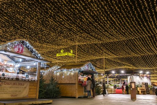 Andorra La Vella, Andorra: 2020 December 12: Christmas Market in Andorra La Vella capital city of the Principality of Andorra in winter.