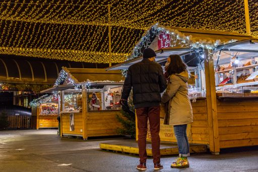 Andorra La Vella, Andorra: 2020 December 12: Christmas Market in Andorra La Vella capital city of the Principality of Andorra in winter.
