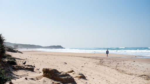 A beach with people on it surrounded by the sea and hills covered in greenery under sunlight
