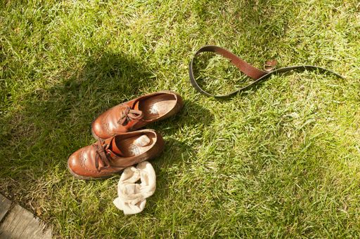 An overhead shot of a pair of brown leather shoes and belt on a lawn