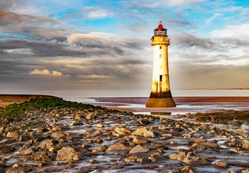 The New Brighton Lighthouse with the River Mersey on a stormy day