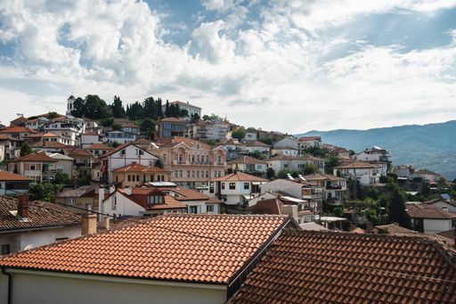 A hill covered in buildings with red roofs surrounded by greenery under a cloudy sky