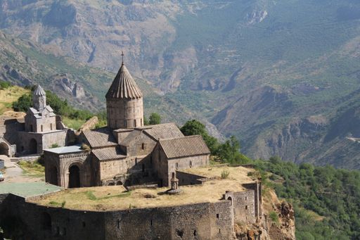 An aerial shot of the beautiful Tatev Monastery in Syunik Province, Armenia. Church in the nature