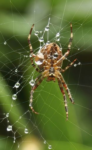 A vertical shot of a spider in his spider web isolated on green background