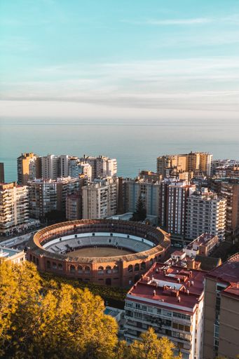 Malaga bullring photo taken from the Gibralfaro viewpoint, Andalusia, Spain.