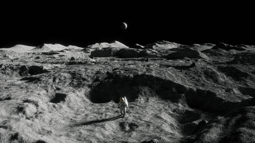 Grayscale space explorer standing on moon's surface, gazing at Earth in distance