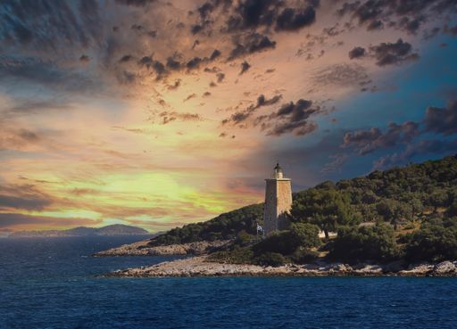 Lighthouse of Trikeri village, Pelion, Magnesia region Thessaly, Greece.