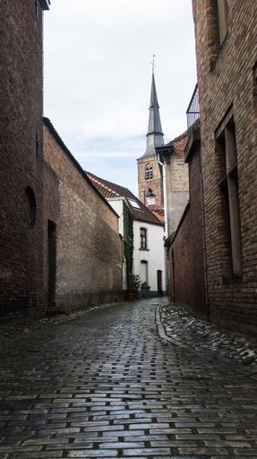 A vertical shot of an old alleyway in Bruges, Belgium