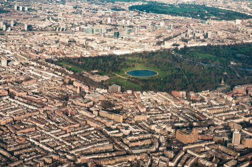 Aerial view of Kensington, London showing Kensington Palace, Kensington Gardens in the centre of west London