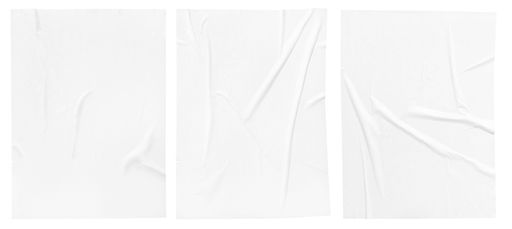 White crumpled and creased glued paper poster set isolated on white background. Template mockup