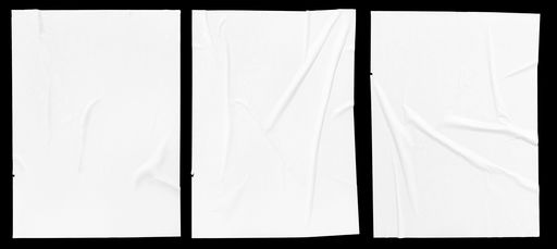 White crumpled and creased glued paper poster set isolated on white background. Template mockup