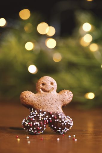 A vertical shot of a gingerbread man cookie for Christmas with chocolate