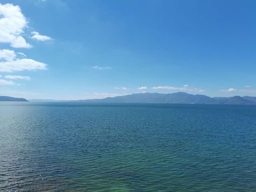 A breathtaking view of big blue lake under blue cloudy sky with mountains in the background
