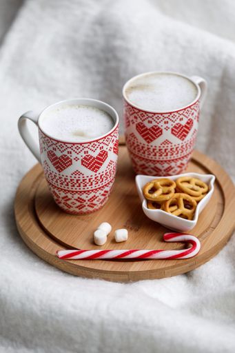 A Christmas set with two cups of hot chocolate with marshmallows, pretzels and a candy cane