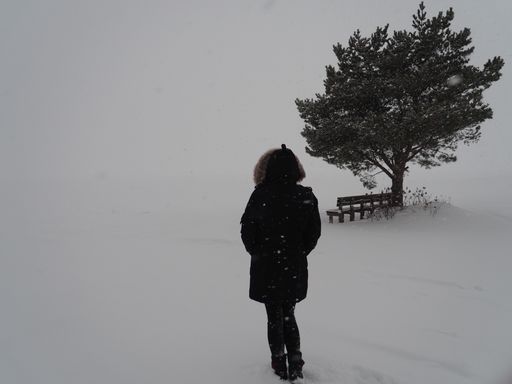 A beautiful shot of a female walking on a snowy day