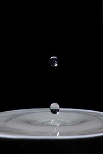 A vertical shot of a drop of water falling on a black background