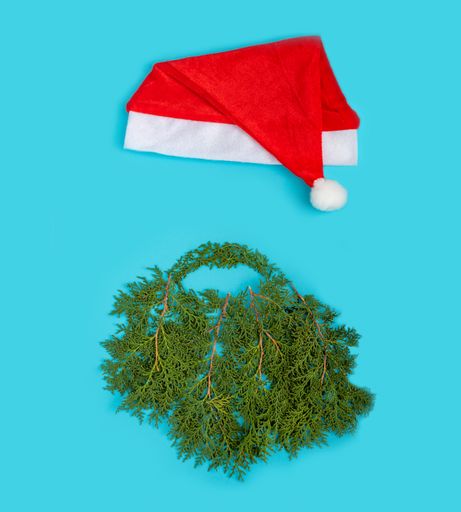 A Santa hat and Christmas tree branches on a blue background