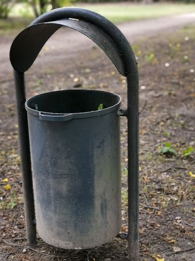 A vertical closeup shot of an empty public trash can in a park