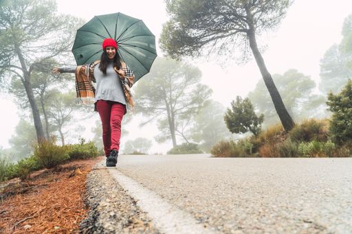A young caucasian female walking in a park with an umbrella on a rainy day