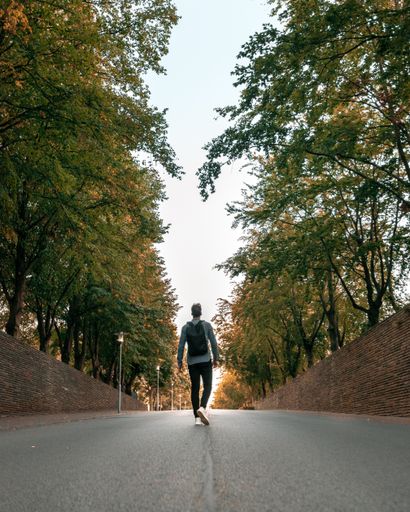 A vertical shot of a man walking in the middle of a road of a park with high trees. Motivation