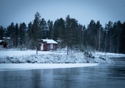 A small red cabin surrounded by a forest and a lake in winter