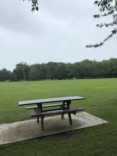 A vertical shot of a wooden table and benches in a park under a cloud