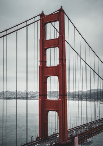A vertical shot of the Golden Gate Bridge in San Francisco, the United States of America