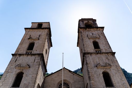 A low angle shot of St Nicholas orthodox church in the old town of Kotor in Montenegro