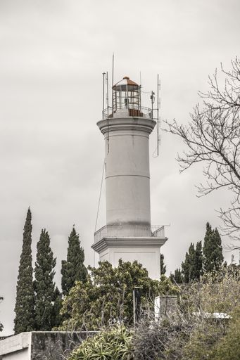 A vertical shot of a lighthouse surrounded by trees