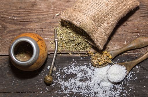 yerba mate infusion, with grated coconut and chamomile, called coconut mate