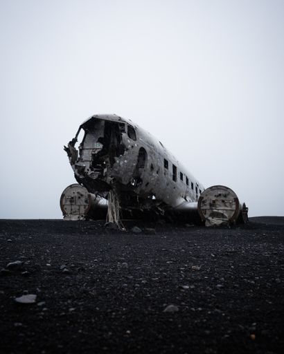 A vertical shot of the historic Solheimasandur plane wreckage in Iceland