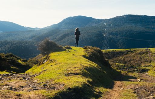A back view of  a girl standing in high mountains and enjoying the scenic view -  pandemic tourism